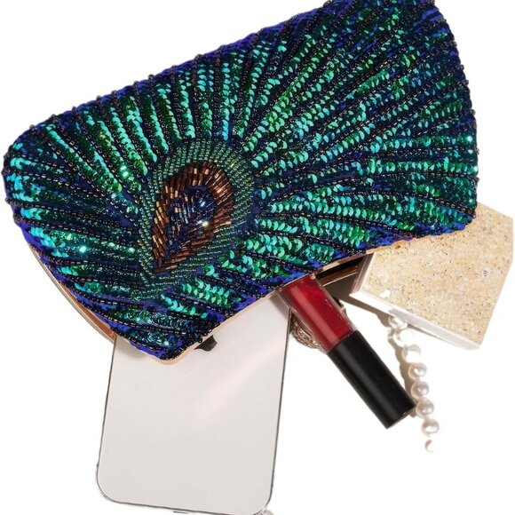 Women's Sequin Beaded Peacock Evening Clutch Purse Pearl Chain Vintage Handbag - Picture 4 of 7